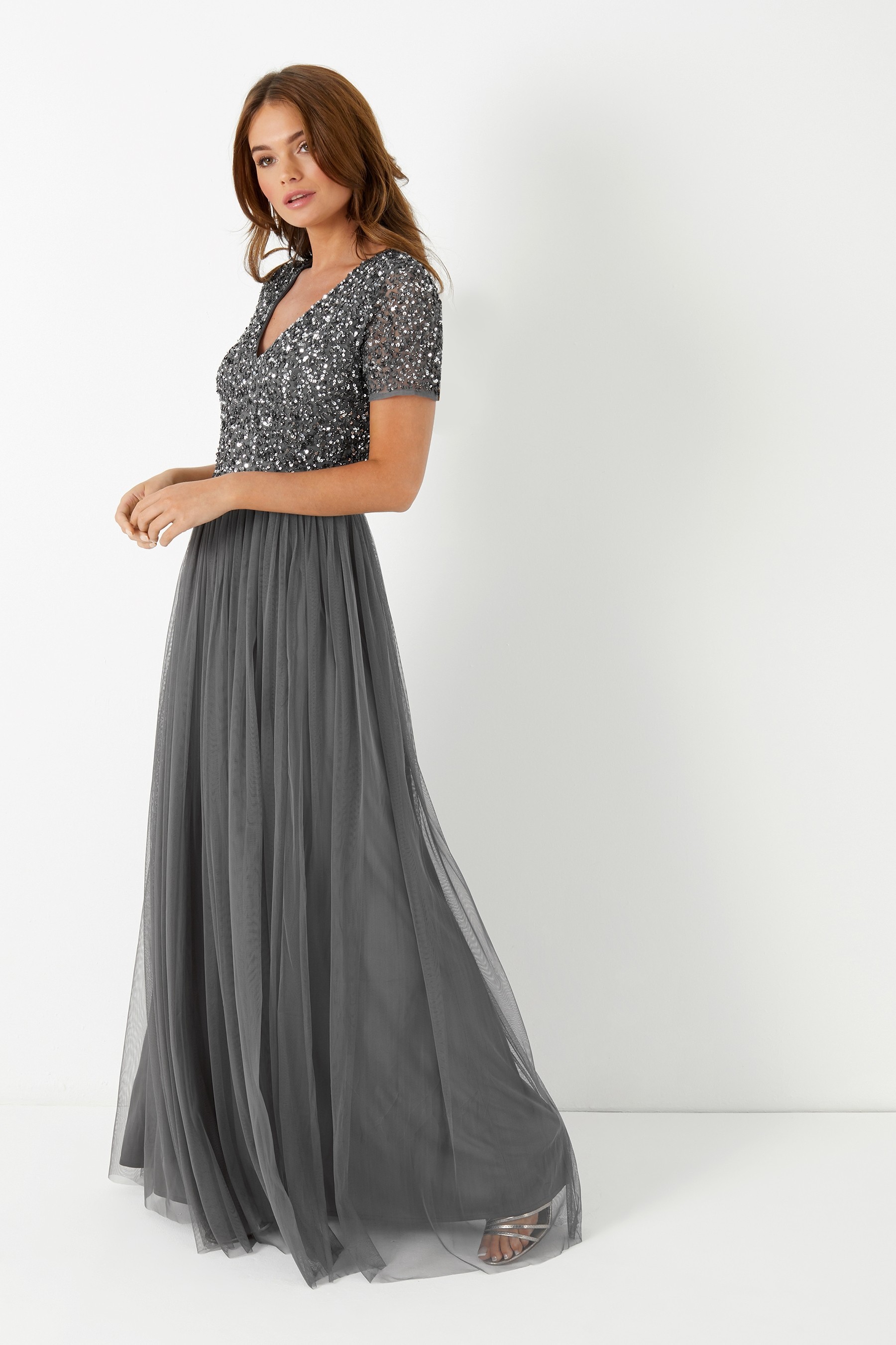 Maya V Neck Short Sleeve Sequin Maxi Dress Regular