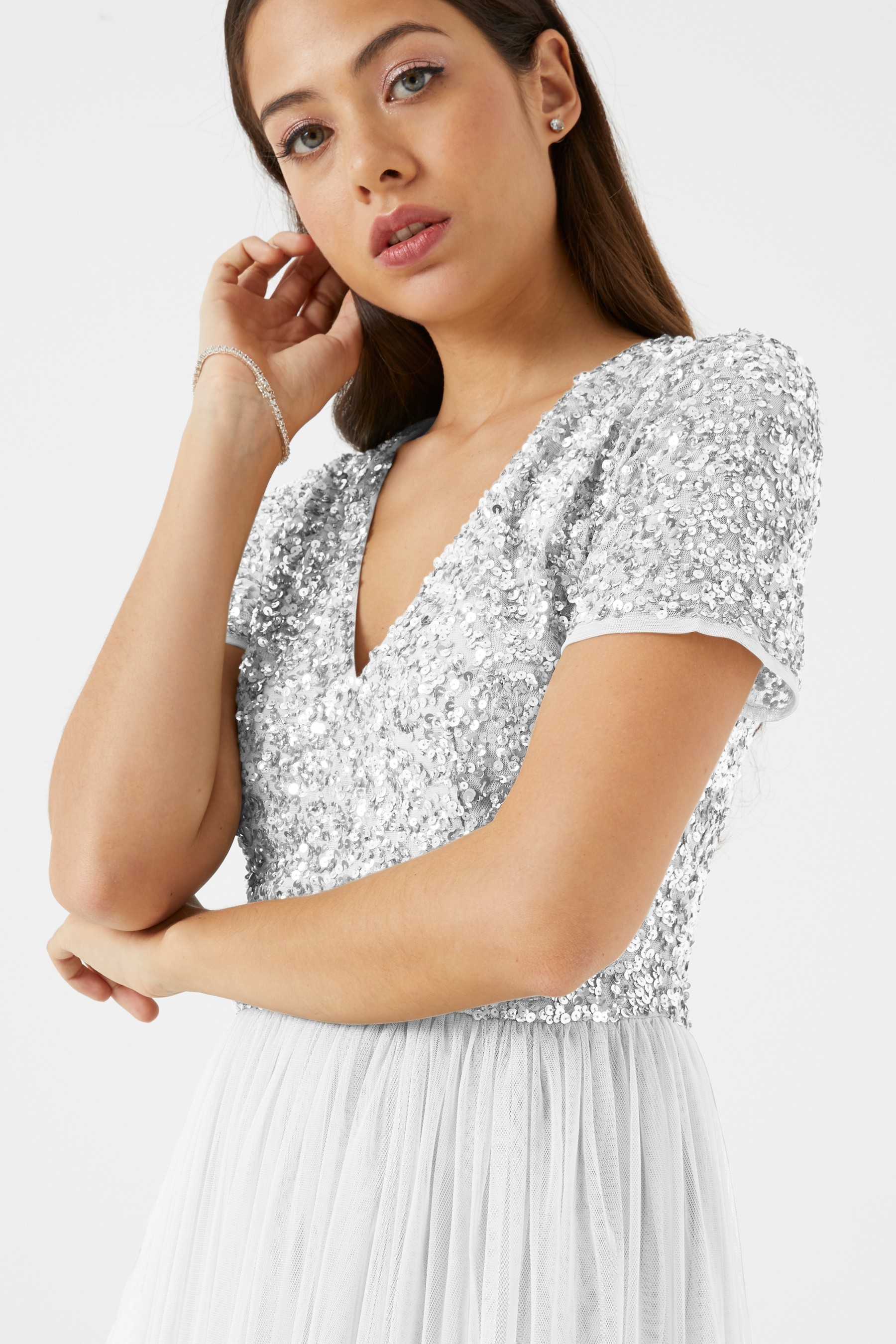 Maya V Neck Short Sleeve Sequin Maxi Dress Regular