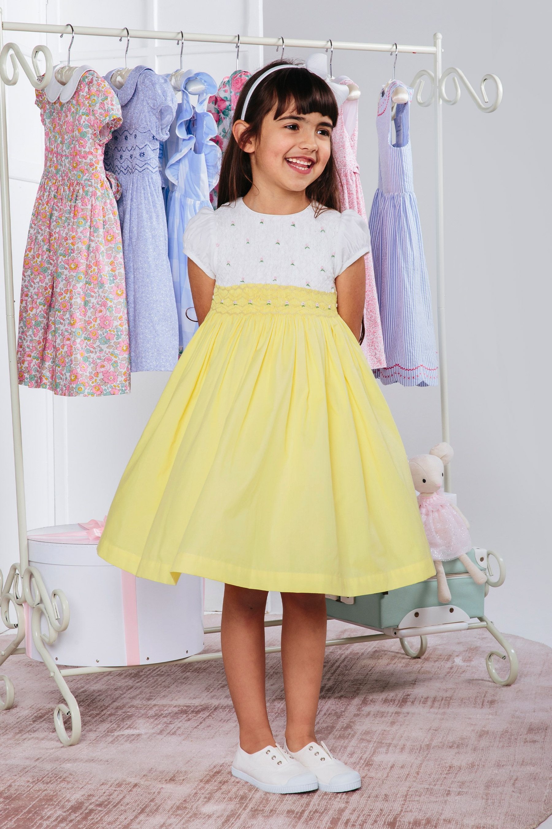 Trotters London Girls Lemon Yellow Rose Hand Smocked Dress