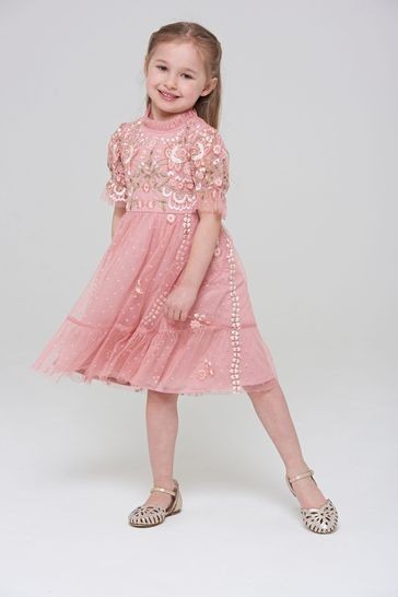 Amelia Rose Pink Embroidered Short Sleeves Dress