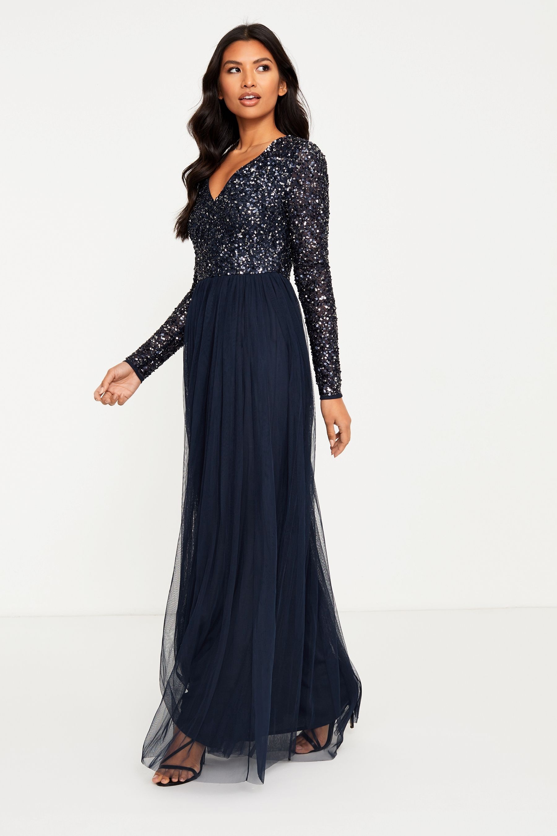 Maya V Neck Long Sleeve Sequin Maxi Dress Petite