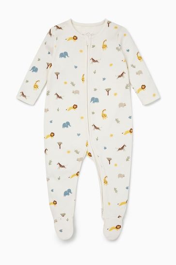 MORI White Safari Organic Cotton Clever Zip Sleepsuit