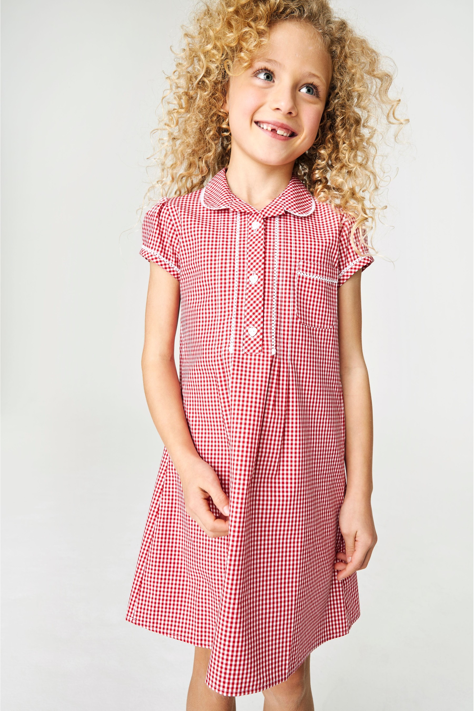 Button Front Lace Gingham School Dress (3-14yrs)