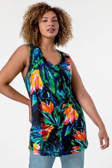 Roman Curve V-Neck Tropical Print Top