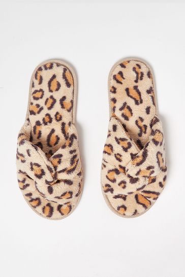 Oliver Bonas Brown Animal Print Faux Fur Knotted Slippers