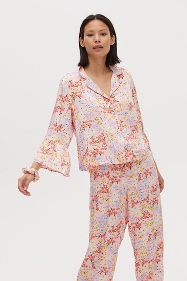 Oliver Bonas Pink Field Shirt, Trousers And Scrunchie Pyjama Set