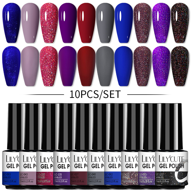 LILYCUTE 10pcs Gel Nail Polish Set With UV Lamp Nude Gel Semi Permanent Hybrid Varnish Base Top Coat Soak Off UV LED Nail Art