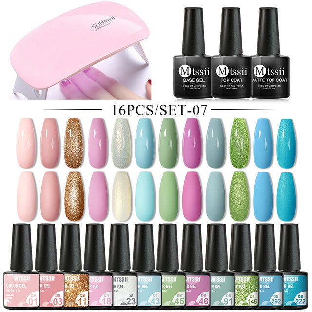 Mtssii 25/60pcs Color Gel Nail Polish Set Glitter Sequins Gel Soak Off UV Gel Semi Permanent Base and Top Coat Nail Art Gel Kits