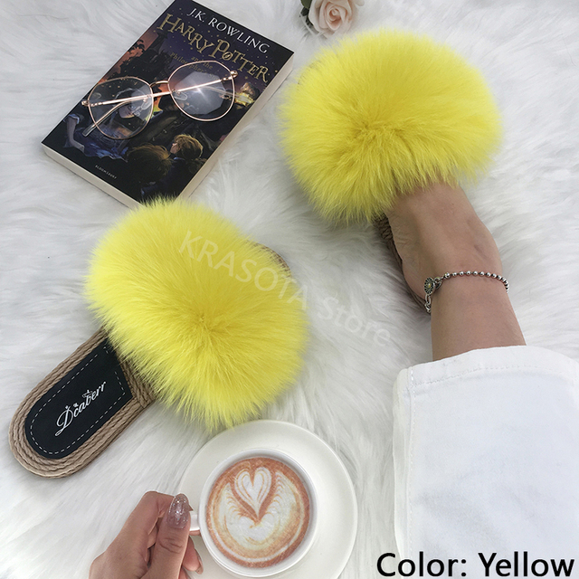 Real Fox Fur Slides Summer Women Faux Espadrilles Slippers Ladies Fluffy Flip Flops Luxury Furry Sandals Shoes 36 37 38 39 40