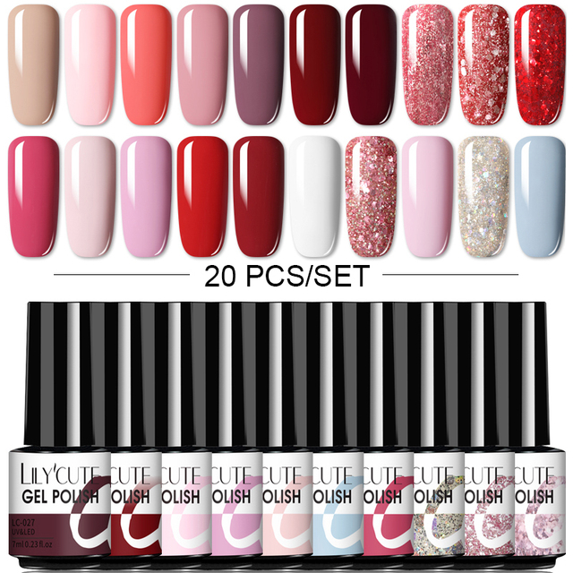 LILYCUTE 20/10/8pcs Set UV Gel Nail Polish Set 7ml Multicolor Semi-Permanent Long Lasting Led Gel Varnish Soak Off Nail Gel