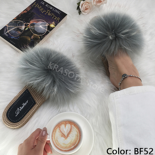 Real Fox Fur Slides Summer Women Faux Espadrilles Slippers Ladies Fluffy Flip Flops Luxury Furry Sandals Shoes 36 37 38 39 40