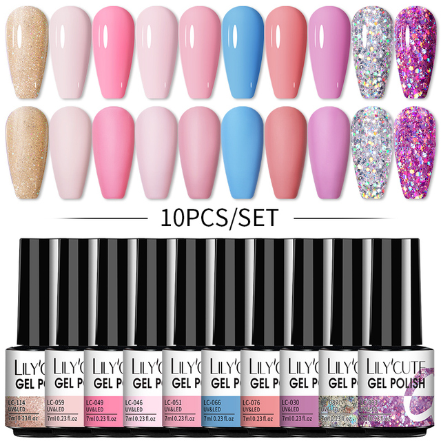 LILYCUTE 10pcs Gel Nail Polish Set With UV Lamp Nude Gel Semi Permanent Hybrid Varnish Base Top Coat Soak Off UV LED Nail Art