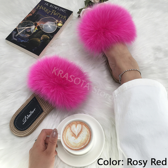 Real Fox Fur Slides Summer Women Faux Espadrilles Slippers Ladies Fluffy Flip Flops Luxury Furry Sandals Shoes 36 37 38 39 40