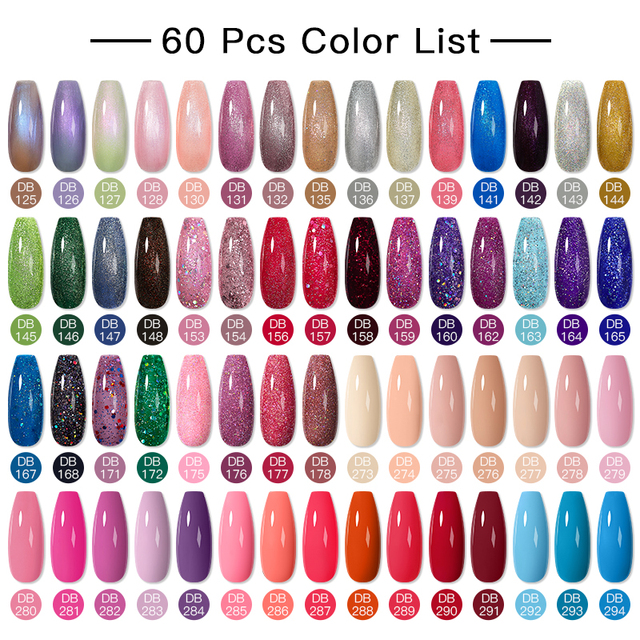 Mtssii 60pcs Color Gel Nail Polish Set Glitter Nail Sequins Gel Soak Off UV Gel Semi Permanent Base Top Gel Nail Art Salon Kits