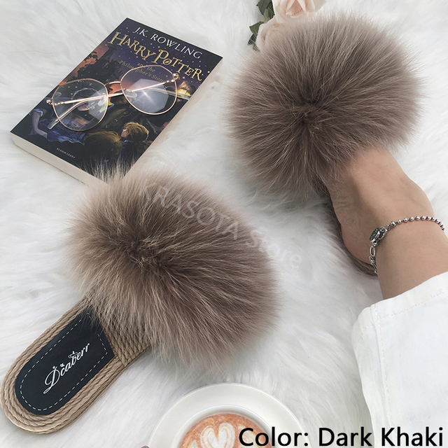 Real Fox Fur Slides Summer Women Faux Espadrilles Slippers Ladies Fluffy Flip Flops Luxury Furry Sandals Shoes 36 37 38 39 40