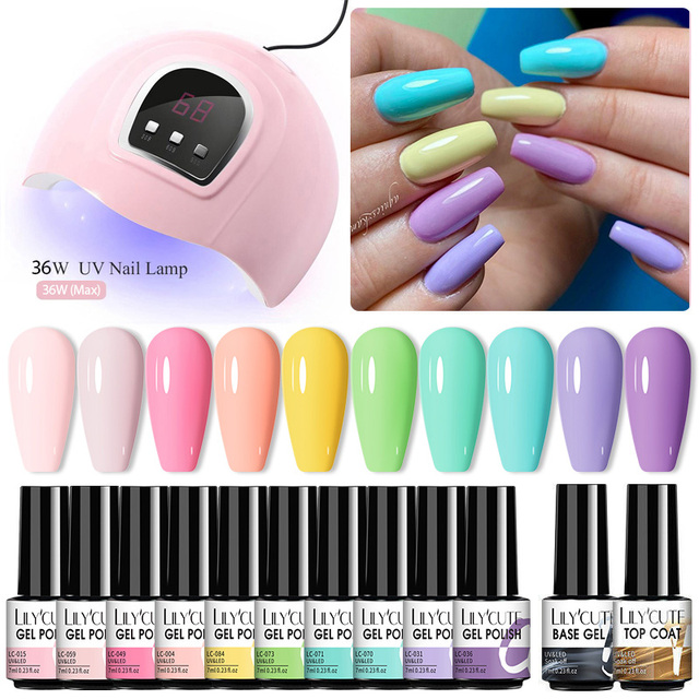 LILYCUTE 10pcs Gel Nail Polish Set With UV Lamp Nude Gel Semi Permanent Hybrid Varnish Base Top Coat Soak Off UV LED Nail Art