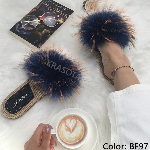 Real Fox Fur Slides Summer Women Faux Espadrilles Slippers Ladies Fluffy Flip Flops Luxury Furry Sandals Shoes 36 37 38 39 40