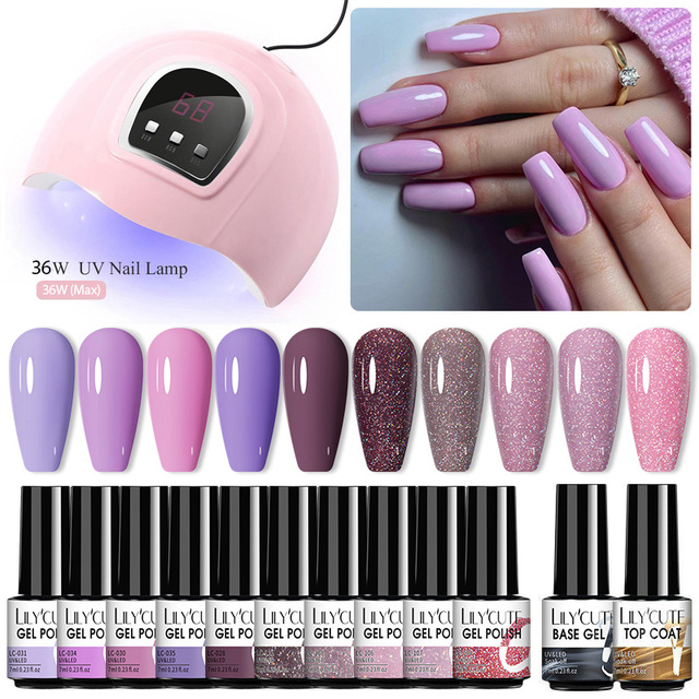 LILYCUTE 10pcs Gel Nail Polish Set With UV Lamp Nude Gel Semi Permanent Hybrid Varnish Base Top Coat Soak Off UV LED Nail Art