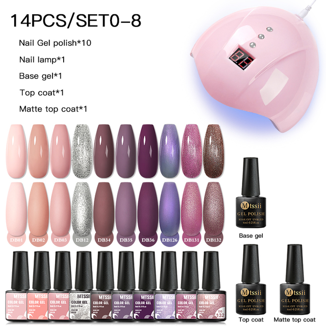 Mtssii 25/60pcs Color Gel Nail Polish Set Glitter Sequins Gel Soak Off UV Gel Semi Permanent Base and Top Coat Nail Art Gel Kits