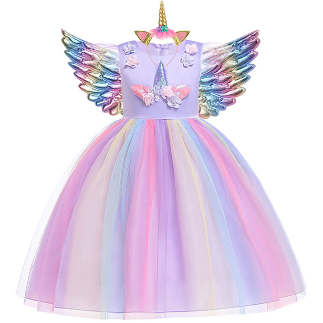 New Girls' Rainbow Unicorn Dress, Girls' Rainbow Unicorn Dress for Party Birthday