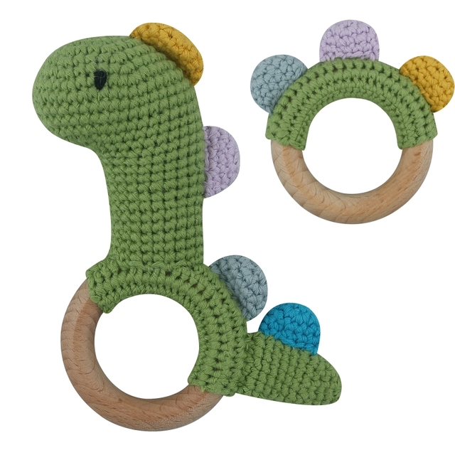 1pc or 2pcs/set BPA Free Crochet Dinosaur Baby Teether Rattle Safe Beech Wooden Teether Ring Newborn Mobile Sport Educational Toy