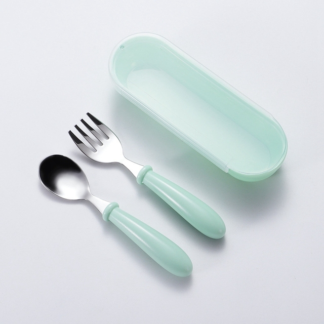 Stainless steel children fork spoon set baby learning short handle utensils cute baby training tableware infant feeding knives