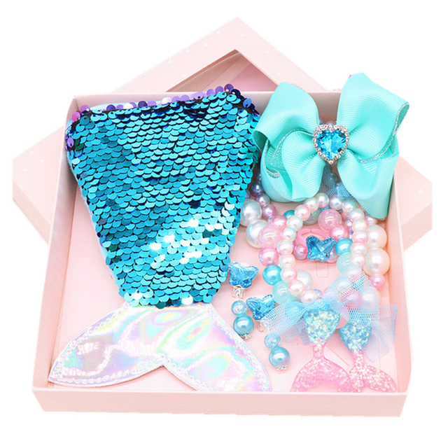 Mermaid Accessories Jewelry Set Sequins Purse Necklace Bracelet Bow Hairclip Shell Earring Gift for Girls Elsa Princess