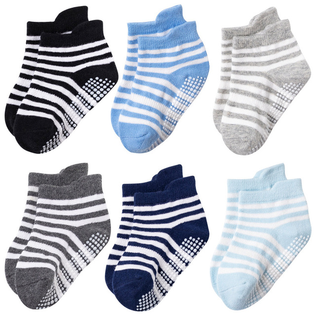 6 Pairs 0-5 Years Cotton Children Anti-Slip Boat Socks for Boys Girl Low Cut Floor Toddler Ankle Sock with Rubber Grips Four Season