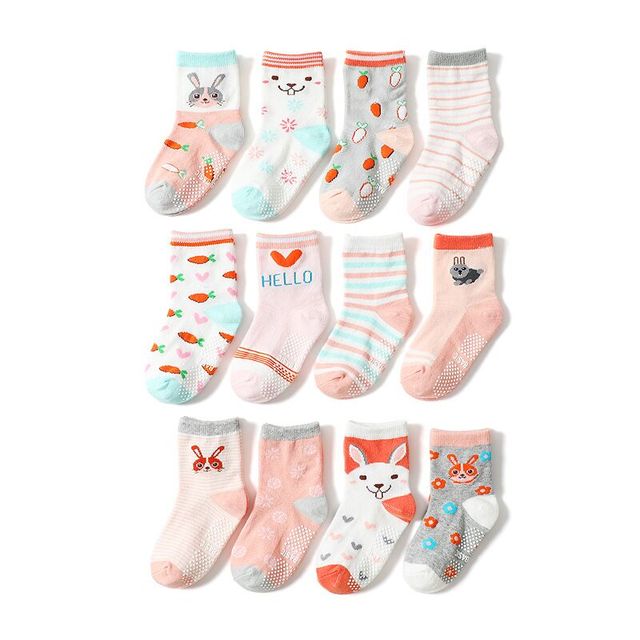 12 pairs/set kids socks baby girl anti-slip boy elastic knit cotton 1-5 years