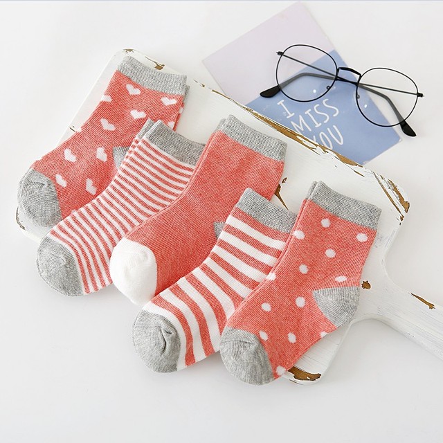 5pairs/lot 0 to 6 Years Kids Soft Cotton Socks Boy Girl Baby Cute Cartoon Warm Stripe Dots Fashion School Socks Autumn Spring