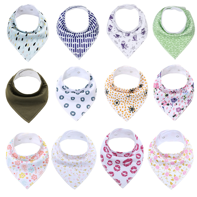 12packs/lot 100% Cotton Bandana Bibs for Drooling Teething Newborn Infant Adjstable Snaps Absorbent Baby Bibs