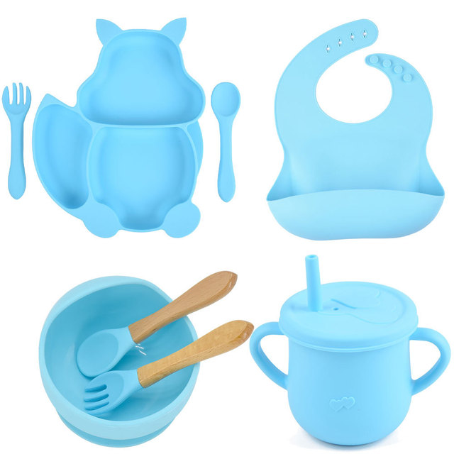 8pcs/set Baby Silicone Pacifier Bowl Plate Cup Bibs Spoon Fork Sets Children Non-slip Tableware Baby Feeding Dishes BPA Free