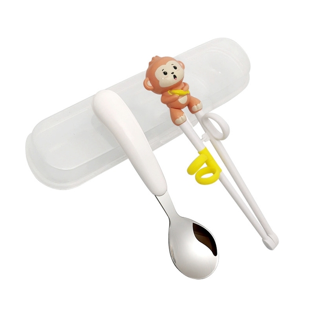 1 Pair Cartoon Learning Chop Sticks Reusable Training Baby Chopsticks or Feeding Spoon Tableware Learning Eating Set with Box