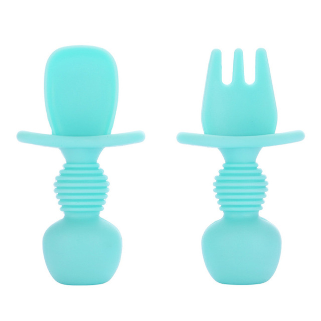 Food Grade Infant Small Silicone Cutlery Set Baby Soft Kitchen Joining Fork Spoon Kids Portable Soild Color Small Spoon