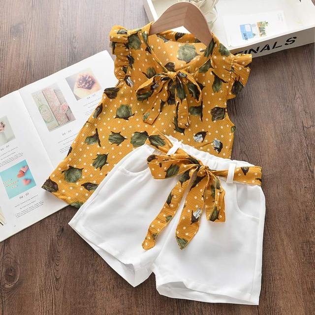Girls clothes set 2022 new summer sleeveless T-shirt and print bow shorts for girl kids clothes children clothing 3 5 7 years