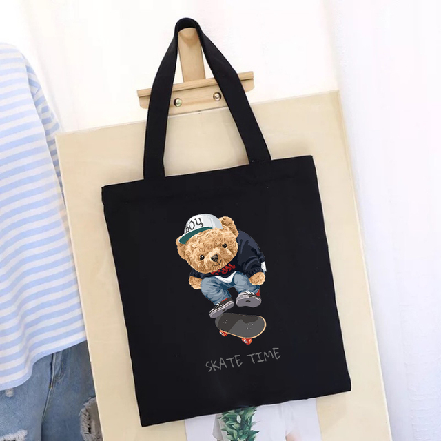 Women's Shopping Bag All-match Bear Chain Handbag Folding Reusable Canvas Shopper Harajuku Style Bag New Student Canvas Tote Bag