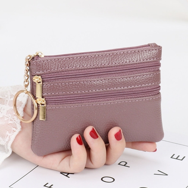 Women PU Leather Mini Coin Purse Three Zippers Card Key Holder Money Bag Female Girls Solid Color Mini Clutch With Keyring