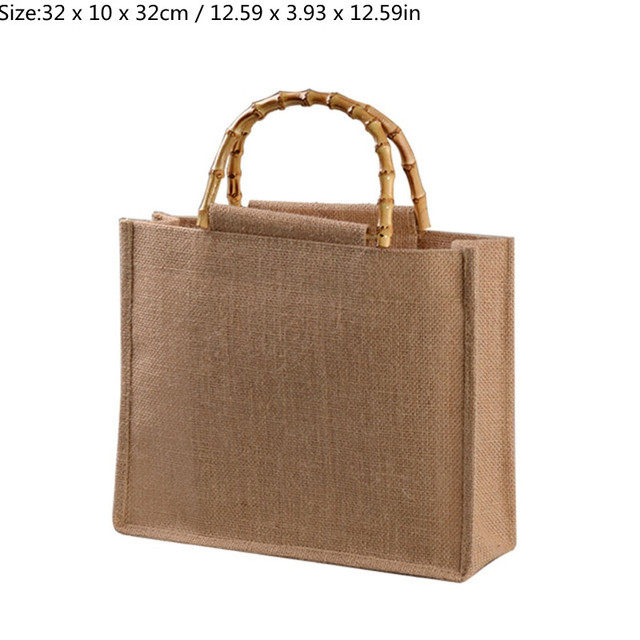 Unisex Portable Burlap Jute Shopping Bag With Bamboo Loop Handles Wome Men Durable Reusable Casual Tote Grocery Handbag 8 Size