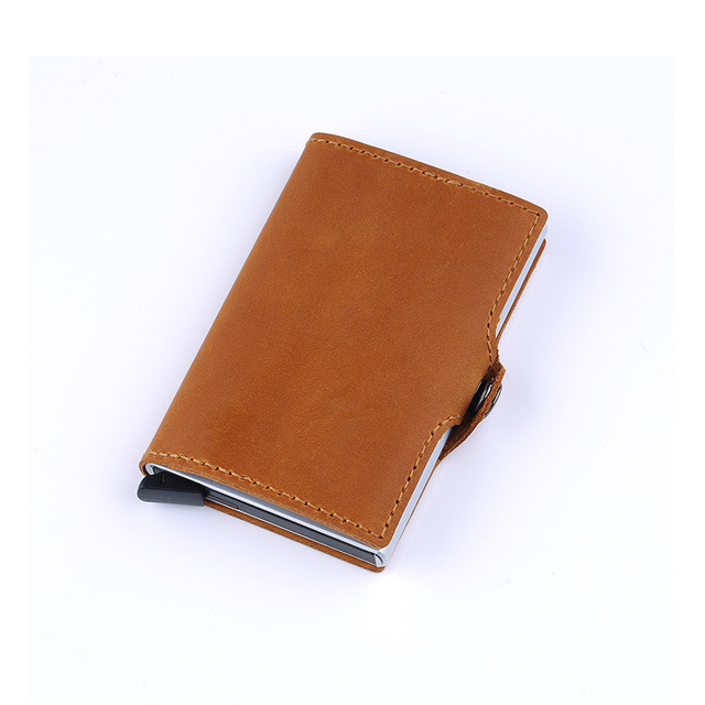 Genuine Leather Men Wallet Small Wallet With Rfid Lock Aluminum Card Holder Slim Male Wallet