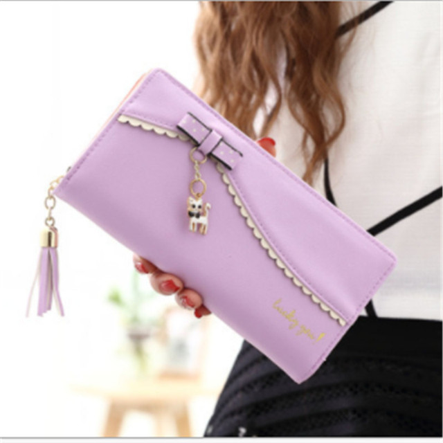 Women's Long Leather Wallet Card Holder Wallet With Cute Cat Pendant Cell Phone Pocket Wallet