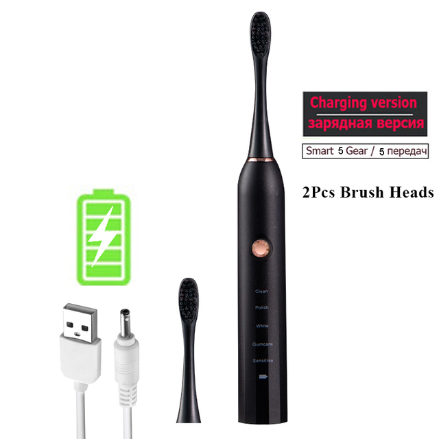 Rechargeable Electric Toothbrush Black White Sonic Oral Hygiene Toothbrush IPX7 Waterproof With Brush Head Replacement Gift