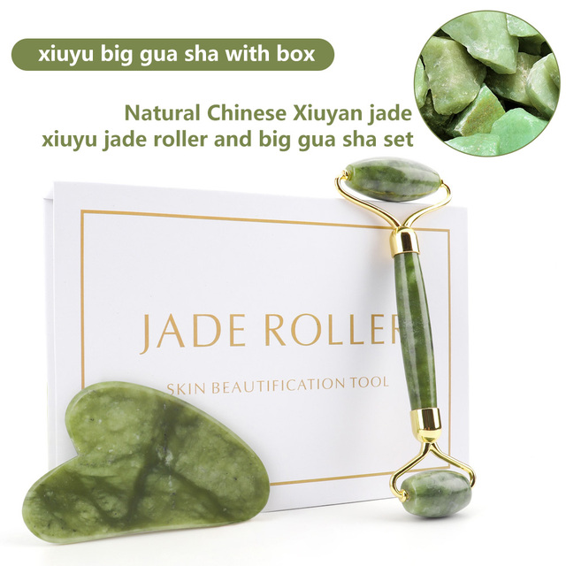 Natural Pink Quartz Jade Roller Gua Sha Set Facial Body Massager Roller Stone Jade Massage Set Face Lifting Beauty Massage Device