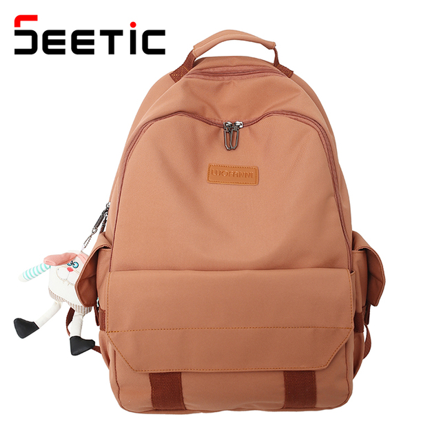 SEETIC Fashion Women School Bags Solid Color Famale Backpack Waterproof Nylon Student Backpack Women Casual School Bag