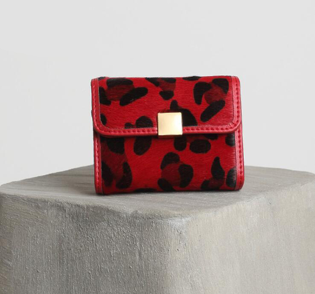 AIMIYOUNG - Women's Horse Fur Wallet, Small Wallet, Leopard Leather, Card Holder, Brown, Red