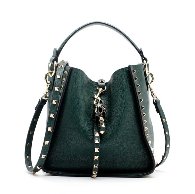 Genuine leather rivet bucket bag, purses and handbags luxury designer studded cowhide ladies shoulder bag with crossbody strap