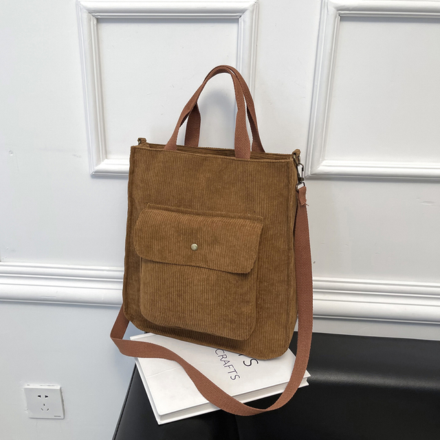 Retro Corduroy Shoulder Bag Women 2021 Large Capacity Shopping Bag Girls Student Bookbag Travel Handbag With Outer Pocket