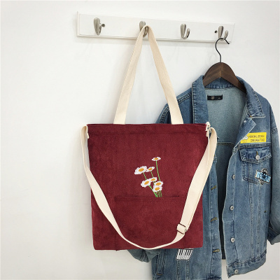 Women Shoulder Bag 2021 Cute Corduroy Tote Bag With Zipper Fashion Girl Shopper Bags Embroidery Mini Bags Daisies Crossbody