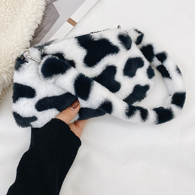 Fashion Women Cow Print Small Shoulder Bags Female Winter Plush Underarm Bags Leopard Zebra Pattern Fluffy Tote Bags Small Purses