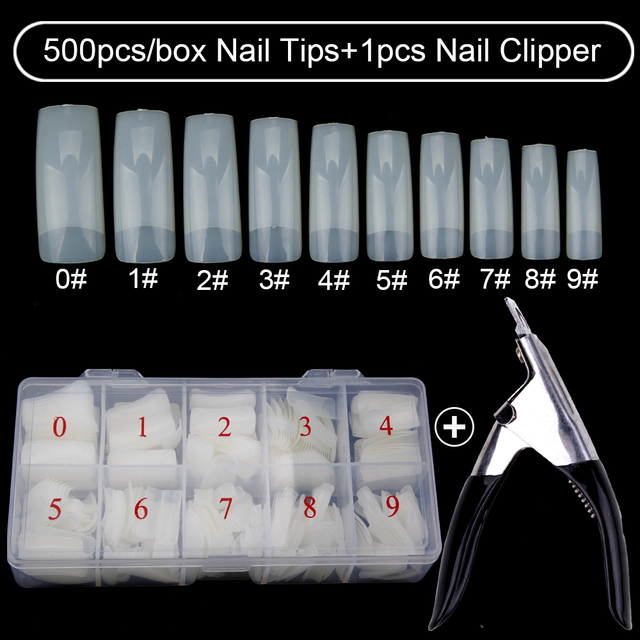 500pcs/box Clear Artificial False Nail Tips Capsule with Nails Cutter Coffin French Full Cover Fake Nails Manicure Tools