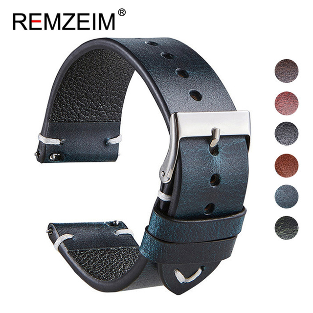 REMZEIM 18mm 20mm 22mm High-end Retro 100% Calfskin Leather Watch Band Watch Strap With Genuine Leather Straps 7 Colors